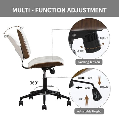 VipDesk Small Home Office Chair - Armless Mid Back Desk Chair with 360° Swivel and Wheels, PU Upholstered Height Adjustable Modern Walnut Computer Chair for Home, Office Meeting Room - White - color: White, size: Button Style