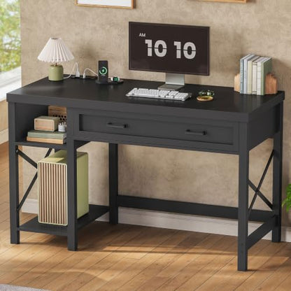 SEDETA 40" Small Computer Desk, Farmhouse Small Desk with Drawer & Storage Shelves, Writing Desk with Power Outlet, Study Table for Small Space, Desk for Bedroom, Home Office, Black - color: Black