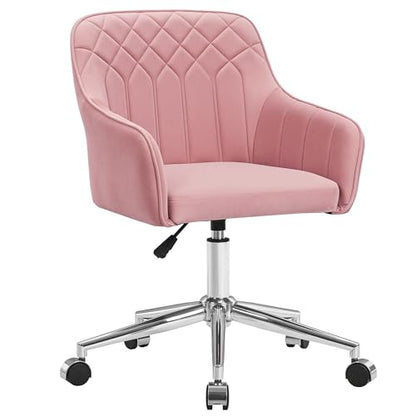 VECELO Modern Velvet Swivel Home Office Desk Chair with Back & Rolling Wheels, Adjustable Seat Height for Girls Women Bed Room Vanity Makeup/Task/Computer Work, Pink - color: Pink