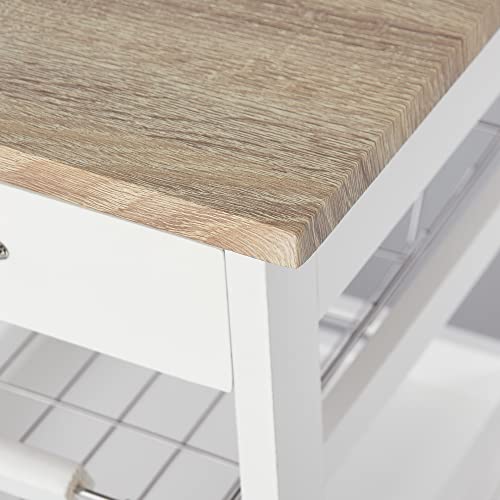 HOMCOM Mobile Kitchen Cart with Storage Solid Wood Frame Utility Cart White | Rolling Kitchen Island, Wire Fruit Baskets, Trays, Drawer - color: White