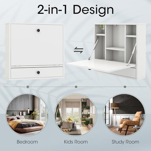 Tangkula Folding Wall Table - Floating Desk with Storage Drawer & Shelves (White) - color: White