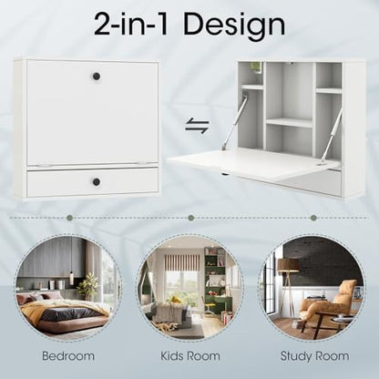 Tangkula Folding Wall Table, Floating Desk with Storage Drawer & Shelves, Space Saving Wall Mounted Table, White - color: White