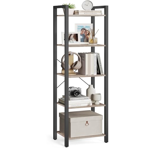 VASAGLE 5-Tier Bookshelf, Bookcase with Steel Frame | Book Shelf, 15.6 x 11.8 x 60.6 Inches, Living Room, Home Office, Heather Greige and Matte Black, BARNET Collection ULLS100B02 - color: Heather Greige + Ink Black, size: 5 Tiers (11.8"D x 15.7"W x 60.2"