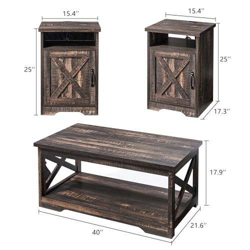 AMERLIFE 3 Piece Farmhouse Living Room Coffee Table Set, Dark Oak | Coffee Table & 2 End Tables with Charging Station and USB Ports, Farmhouse Style, Barn Door Design, Living Room Furniture - color: Dark Oak