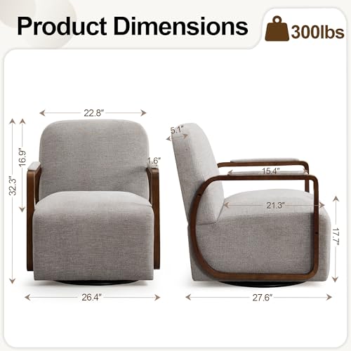 32" Chenille Upholstered Swivel Accent Chair, 360° Rotating Metal Base Modern Lounge Chair with Wooden Armrests for Living Room Bedroom, Brown - color: Brown, size: 1 Pack