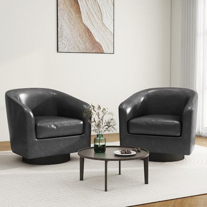 Swivel Barrel Accent Chair, Comfy Reading Armchair, Grey Black, Set of 2 | Club Chairs for Adults, Low-Back Design, Modern Round Style, Solid Wood Frame & Metal Swivel Base, For Living Room & Bedroom - color: Grey Black