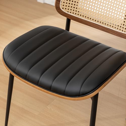 Rattan Dining Room Chairs Set of 2, Mid Century Modern Kitchen Ktichen Chairs,Faux Leather Walnut Wood Finish Side Chair, Metal Legs Desk Chair with Rattan Backrest,Black - color: Black, size: Set of 2