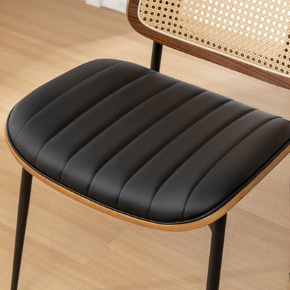 Rattan Dining Room Chairs Set of 2, Mid Century Modern Kitchen Ktichen Chairs,Faux Leather Walnut Wood Finish Side Chair, Metal Legs Desk Chair with Rattan Backrest,Black - color: Black, size: Set of 2