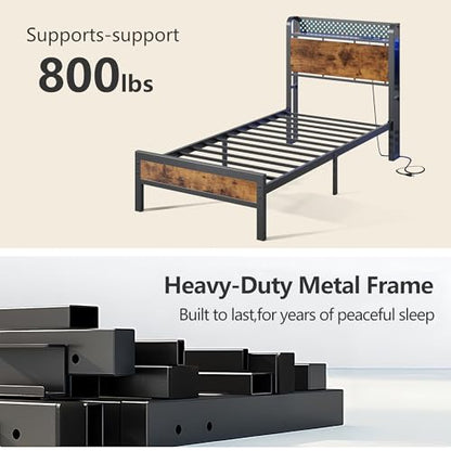 Twin Bed Frame with Headboard,Charging Station and LED Lights | Metal Platform Bed with Charging Station and LED Lights, Noise Free, Easy Assembly,No Box Spring Needed, Brown - size: Twin