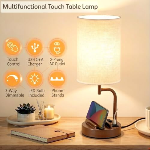 Dreamholder Touch Control USB Table Lamp with USB C/A & AC Outlet, 3-Way Dimmable Bedside Lamp, Modern Nightstand Lamps for Bedroom Living Room Guest Room Office, Bulb Included, Brown - color: Brown