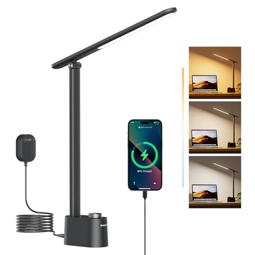 Honeywell LED Desk Lamp, Sunturalux™ Black Desk Lamps for Home Office USB | Foldable LED desk lamp with USB-C/A charger, RG0 eye-safe, CRI95, stepless dimming 10%-100%, 3 color temps (3000K-5000K) - color: Black