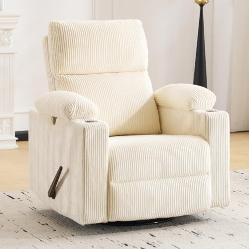Swivel Rocker Recliner with Adjustable Armrests, Rocking Nursery Chair with Adjustable Headrest, Cup Holder, Manual Recliner Nursing Chair, Corduroy Beige - color: Corduroy Beige, size: Manual Recliner
