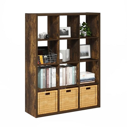 12-Cube Bookshelf, Cubicle Shelf Bookcase with Open Back, Position Reversible Book Shelf, 15 x 44 x 58, for Home Office, Living Room, Amber Pine - color: Amber Pine, size: 12 Cube
