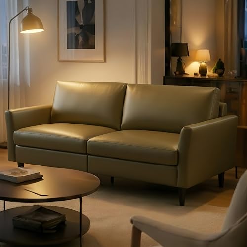 58" Faux Leather Loveseat Sofa, Mid Century Modern Leather Couch for Living Room, Small Love Seat for Small Spaces, 2-Seater Mini Sofa with Rolled Arms and Deep Seats, Olive Green - color: Olive Green, size: Loveseat