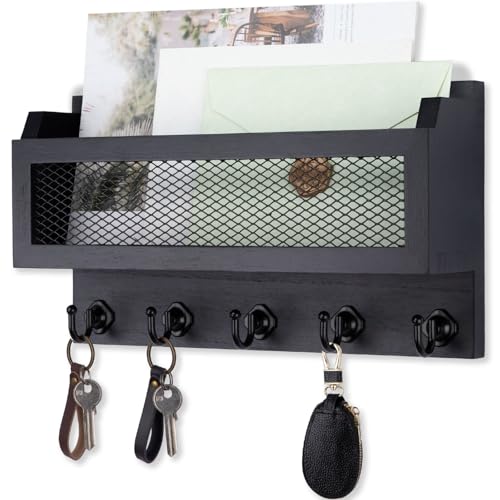 Nekon Mail and Key Holder for Wall Decorative, 11 Inch Mail Holder, Black | Wooden Wall Key Organizer with 5 Key Hooks, Wall Mount Storage Shelf for Entryway Hallway - color: Black
