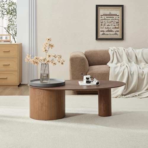 47.24" Modern Coffee Table with Storage Space, Round Low End Table, Rustic Style Bedside Table for Bedroom Living Room - color: Oval+tray-walnut