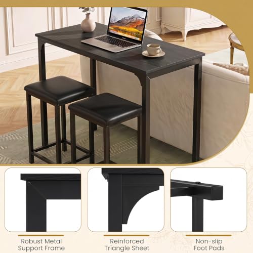 COSTWAY Dining Table Set, Counter Height Table & 2 Upholstered Stools | Black, PU Leather Seats, Metal Frame, Modern, Non-Slip Foot Pads, Space-Saving for Small Space, Kitchen Island - color: Black