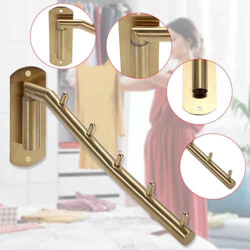 Sumnacon Stainless Steel Clothes Hanger Rack-Wall Mount Garment Hook with Swing Arm, Sturdy Coat Robe Storage Organizer for Laundry Room Bedrooms Clothing Drying Rack with 5 Hooks, Gold - color: Gold