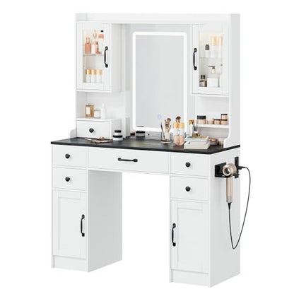 Vanity Desk with Mirror and LED Lights & Power Outlet | Large Makeup Vanity Table with 5 Drawers and 4 Storage Cabinets, White Dressing Table for Bedroom - size: 044 Pure White