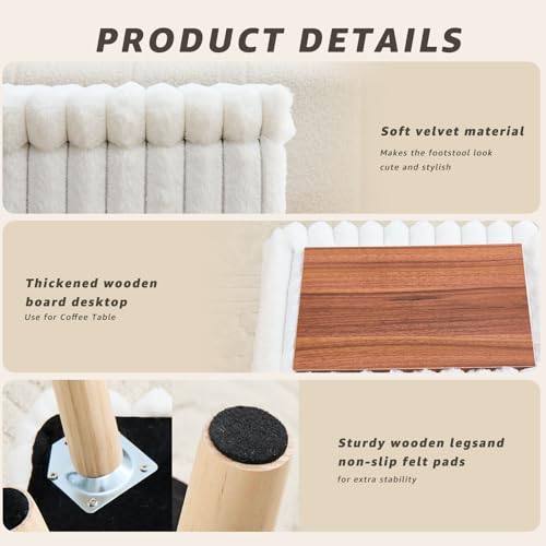 Wimarsbon Storage Ottoman,Soft Faux Fur Footstool with Padded Seat, Small Reading Vanity Chair, Footrest with Wood Tray for Couch, Mini Coffee Table or Display Stand (Cream)