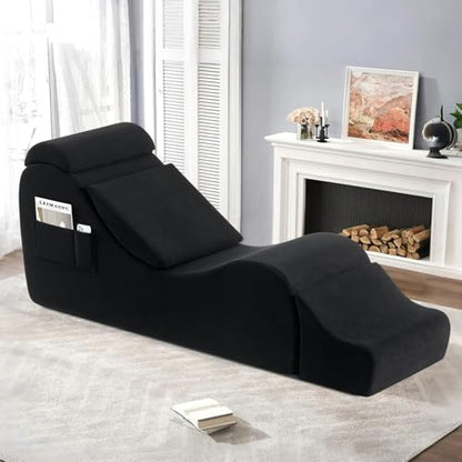 Yoga Chair Lounge for Adult, Ergonomic Chaise Lounge Chair with Side Pocket, Headrest, Waist Pad, Ottoman，Perfect for Stretching, Massage, and Relaxation, Used in Living Room, Bedroom（Black） - color: Black