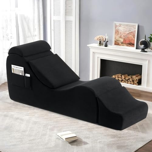 Yoga Chair Lounge for Adult, Ergonomic Chaise Lounge Chair with Side Pocket, Headrest, Waist Pad, Ottoman，Perfect for Stretching, Massage, and Relaxation, Used in Living Room, Bedroom（Black） - color: Black
