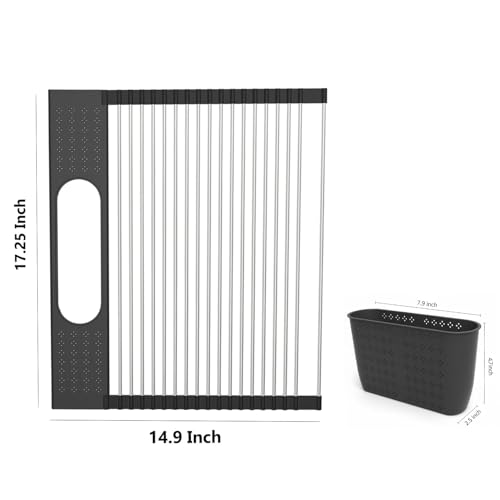 Roll Up Dish Drying Rack Over Sink, 17.5" x 15.2" Foldable SUS304 Stainless Steel Kitchen Dish Drainer, Heat-Resistant Multipurpose Rolling Sink Rack Organizer,Black - size: Black（17.5" X 15.2"）