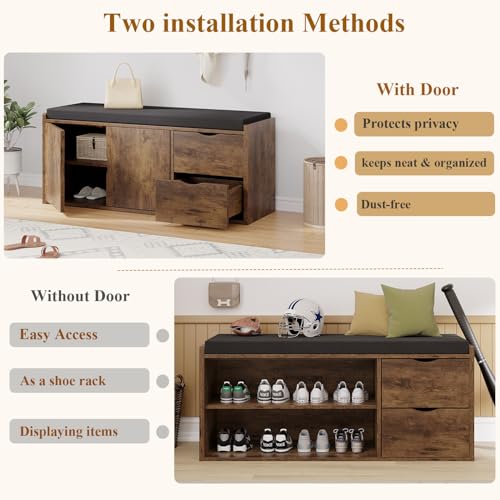 LVB Entryway Shoe Bench, Rustic Storage Bench with Cushioned Seating | Long Hidden Shoe Storage Bench with 2 Drawers, Industrial Wooden Shoe Benchs in Hallway Living Room Bedroom, Rustic Brown - color: Rustic Brown