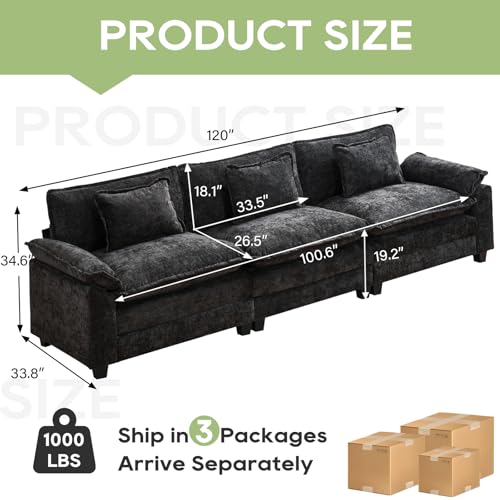 120" Modular Sectional Sofa, Comfy 3 Seater Deep Cloud Couch | Couches for Living Room, Modular Couch, Deep and Wide Seat, Chenille Sofa Sleeper with Throw Pillows, Black - color: Black, size: 120 Inch