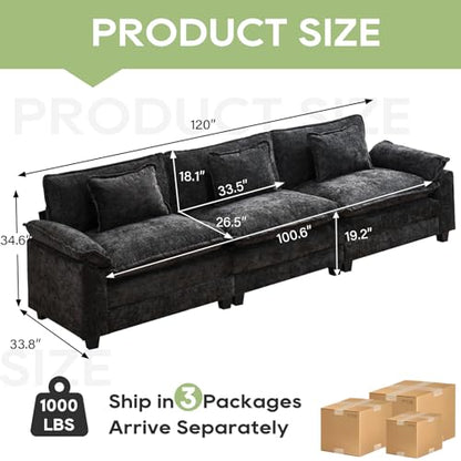 120" Modular Sectional Sofa, Comfy 3 Seater Deep Cloud Couch | Couches for Living Room, Modular Couch, Deep and Wide Seat, Chenille Sofa Sleeper with Throw Pillows, Black - color: Black, size: 120 Inch