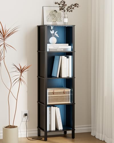 Bookshelf with LED Lights, Modern 4-Tier Bookcase, Open Storage Book Shelf, 11 × 14.2 × 50.4 Inches, Small Narrow Bookshelves for Living Room, Home Office, Bedroom, Black - color: Black