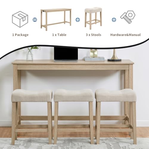 59" Counter Height Bar Table Set with Power Outlet, Industrial Breakfast Table with 3 Padded Stools, 4 Piece Bar Table and Chairs Set for Living Room, Dining Room, Light Oak - color: R1-light Oak