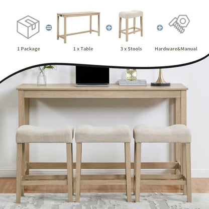 59" Counter Height Bar Table Set with Power Outlet, Industrial Breakfast Table with 3 Padded Stools, 4 Piece Bar Table and Chairs Set for Living Room, Dining Room, Light Oak - color: R1-light Oak