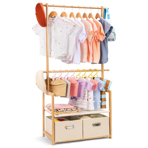 Bamboo Kids Clothing Rack: Holds Up To 121 Lbs of Dress-Up Clothes | 2 Adjustable Hanging Rods & 2 Storage Baskets With Shelf - Child Garment Holder for Playroom & Toddler Bedroom (Natural) - color: Natural