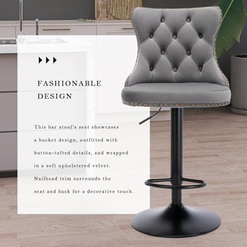 Velvet Bar Stool Set of 2, Adjustable Swivel Bar Stools with Black Metal Leg, Button Tufted, Footrest, Chrome Nailhead, Counter Height Chair for Kitchen, Bar, Dining Room (Grey) - color: Grey-black Leg, size: Set of 2
