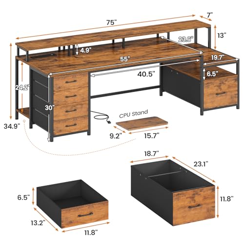 SEDETA 75'' Large Home Office Desk with 5 Drawer, Power Outlet, File Drawer | 23.6" W Desktop Computer Desk with Storage Shelves, Monitor Shelf, Led Lights, for Home Office, Bedroom, Dorm, Rustic Brown - color: Rustic Brown, size: 75X23.6inch