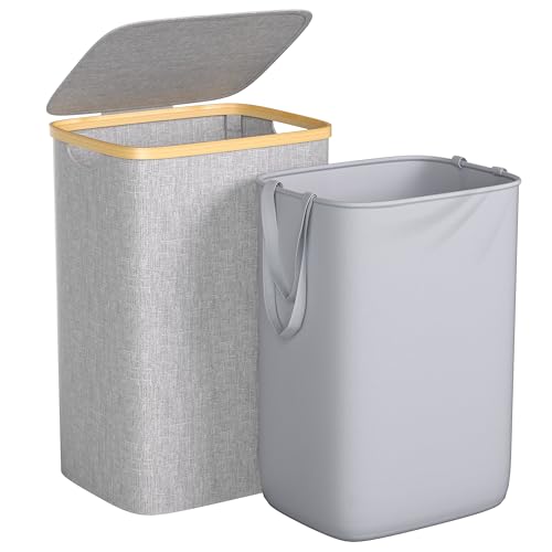 Foluck Large Laundry Hamper, 75L Waterproof Laundry Basket with Lid and Removable Bag, Collapsible Tall Clothes Hamper with Bamboo Handles for Clothes Toys in Dorm Bedroom Bathroom, Grey - color: Grey, size: 75L