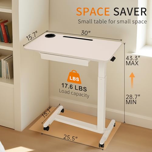 Adjustable Hospital Overbed Table with Drawer, Wheels, Cup Holder | Adjustable Height Rolling Laptop Over Bed Desk, Portable Medical Bedside Tray with Storage, Slot, Pneumatic Home Cart| White - color: White
