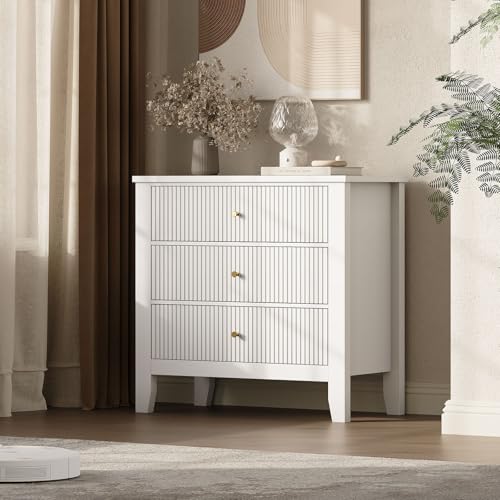 Upgraded Wide & Tall Fluted Nightstand for Bedroom, 32" Extra Wide Modern Bedside Table with Charging Station, Curved Profile Design Drawers, End Table with Metal Handles for Living Room, Entryway - size: 3 drawers-1pc