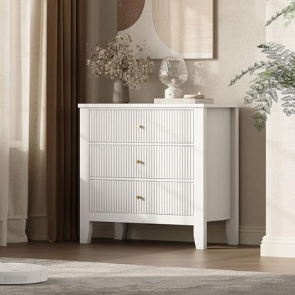 Upgraded Wide & Tall Fluted Nightstand for Bedroom, 32" Extra Wide Modern Bedside Table with Charging Station, Curved Profile Design Drawers, End Table with Metal Handles for Living Room, Entryway - size: 3 drawers-1pc