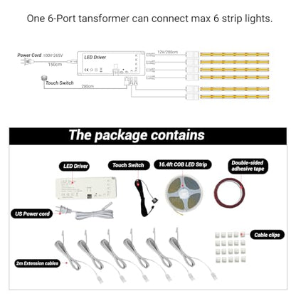HAMRVL Shelf Lights 12V COB LED Strip Lights, 16.4ft 3000k Plug-in DIY Cut to Size Warm White LED Strip Lights, Dimmable Under Shelf Lighting for Book Shelf, Display Case, Wardrobes, Cabinets, Pantry - color: Warm White 3000k, size: 1 to 6/16.4ft
