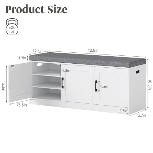 Turosur Shoe Storage Bench with Cabinet, 3-Tier Entryway Bench with Padded Seat Cushion, Shoe Cabinet Bench with 4 Adjustable Shelves for Bedroom, Mudroom, White