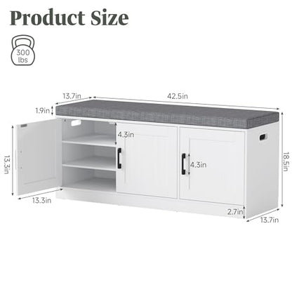 Turosur Shoe Storage Bench with Cabinet, 3-Tier Entryway Bench with Padded Seat Cushion, Shoe Cabinet Bench with 4 Adjustable Shelves for Bedroom, Mudroom, White