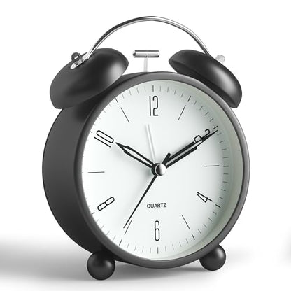Twin Bell Loud Alarm Analog Alarm Clock, 4 inch Super Silent Non Ticking Small Clock with Night Light, Battery Operated, Simple Design, Old Fashioned, for Heavy Sleeper, Bedroom, Bedside, Desk, Black - color: Black+twin Bell