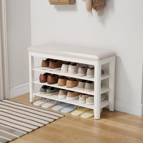 AQIMUELE Shoe Bench with Leather Cushion, 3 Tiers Shoe Storage Bench Height Adjustable, Walnut Wood Entryway Bench for Hallway, Mudroom - color: White, size: 31.5"