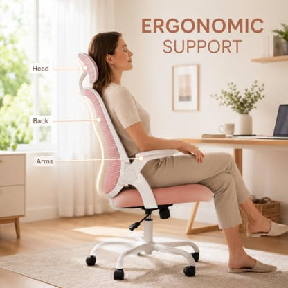 Pink Ergonomic Office Chair, High Back Mesh Desk Chair with Adjustable Headrest Lumbar Support, Computer Chairs with Flip-up Armrests and Thickened Cushion for Adults Home Office, 360° Swivel - color: Pink With Headrest