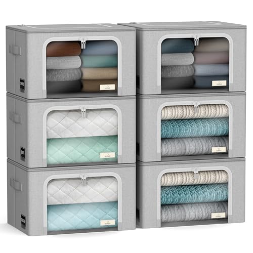 Sorbus Storage Bins with Metal Frame - Stackable & Foldable Clothes Organizer Bags - Oxford Fabric Storage Containers with Large Clear Window & Carry Handles Organization for Bedding Linen & Clothing - color: Gray, size: 6 Pack