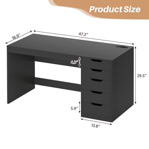 47 Inch Small Computer Desk with 5 Drawers and Outlets for Home Office | Home Office Desks with Storage File Cabinet and Charging Station, Modern Simple Laptop Desk Writing Table, Black - color: Black