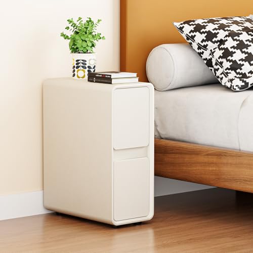 7.8" W Faux Leather Narrow Nightstand, Modern Fully-Assembled Bedside Table with 2 Drawers, Wood Night Stand Small Accent End Table & Side Table for Bedroom, Cream White - color: Cream, size: 8in