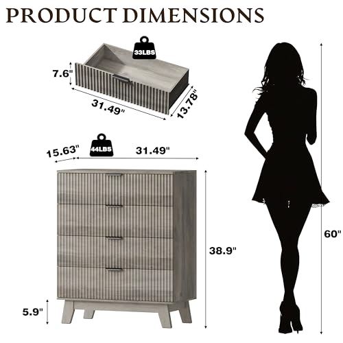 BORNOON 39" Tall Dresser for Bedroom, 4-Drawer Fluted Chest of Drawers, Modern Wood Highboy with Deep Storage, Metal Slides & Handles, Anti-Tip Kit, Vertical Clothes Organizer for Apartment, Nursery - color: Rustic Drift, size: Tall 4-Drawer